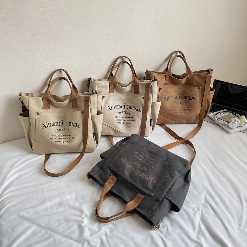 Giftwowo 1PC Large Capacity Letter Tote Bag, Pure Color Stylish Handheld Canvas Bag, Fashionable Simple Shoulder Handbag