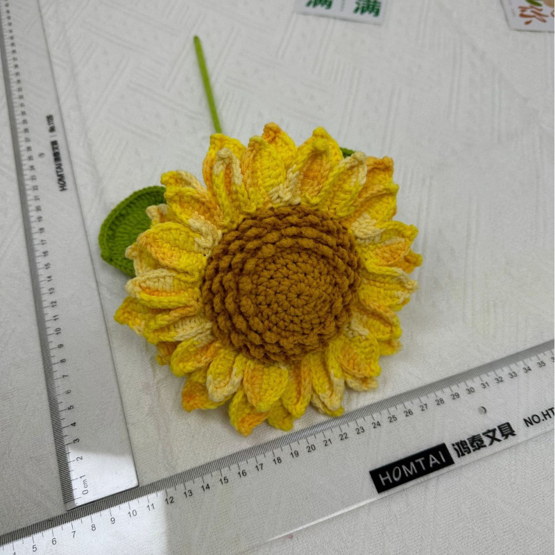 Giftwowo 1PC Handcrafted Double-Layered Sunflower with Seeds – Crochet Faux Flower Bouquet, Handmade Floral Arrangement for Tabletop Décor