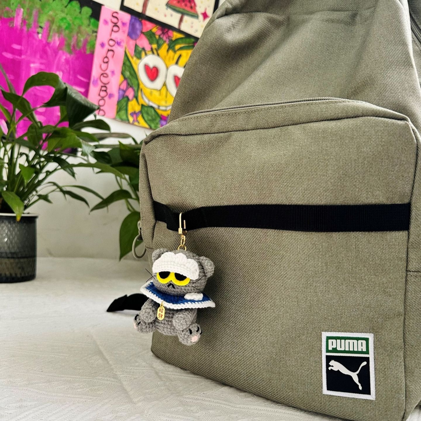 Giftwowo Handmade Yarn Crochet GD Zoa Doll Keychain, Cute Plush Gray Cat Pendant, Adorable Bag Charm