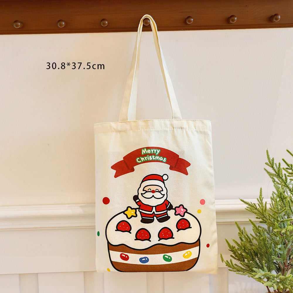 Giftwowo 1PC Cartoon Santa Canvas Bag – Large Capacity Tote for Students, Christmas Gift Bag, Reusable Shoulder Bag