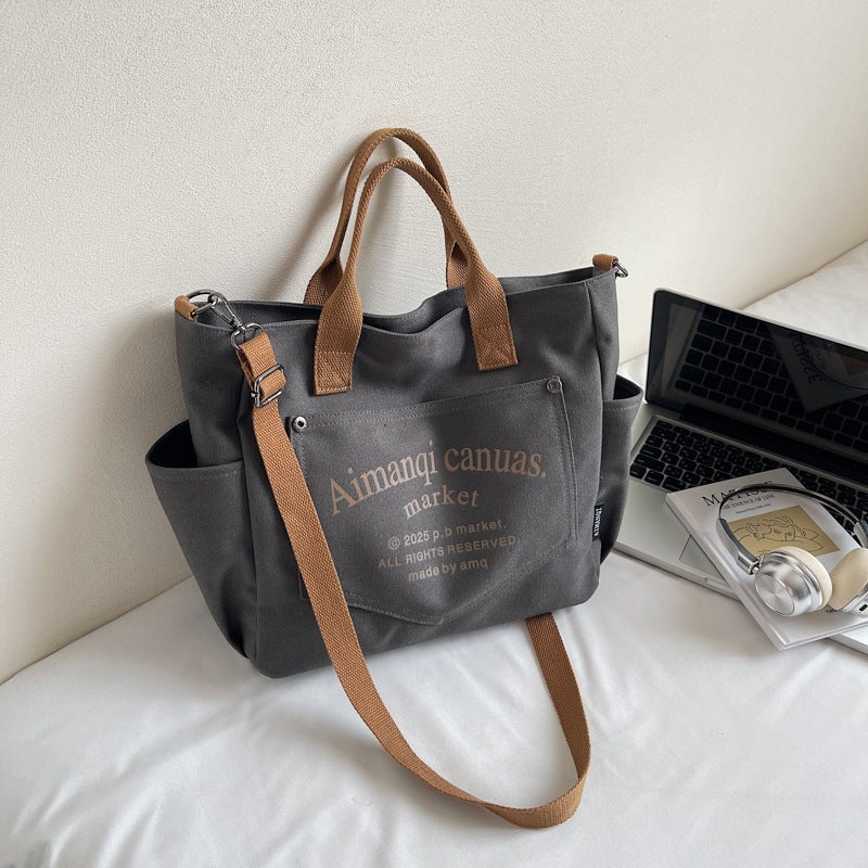 Giftwowo 1PC Large Capacity Letter Tote Bag, Pure Color Stylish Handheld Canvas Bag, Fashionable Simple Shoulder Handbag