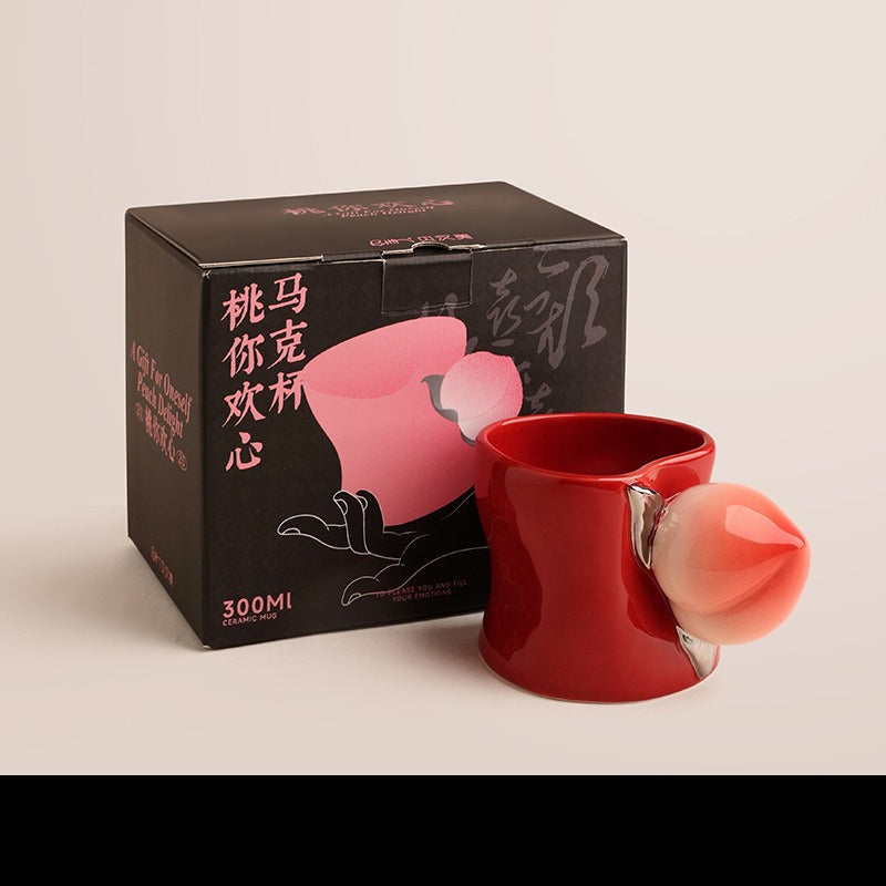 Giftwowo Creative Peach Shaped Handle Mug, Korean INS Cute Heart-shaped Cup Mouth Ceramic Coffee Cup, Modern Household Water Cup