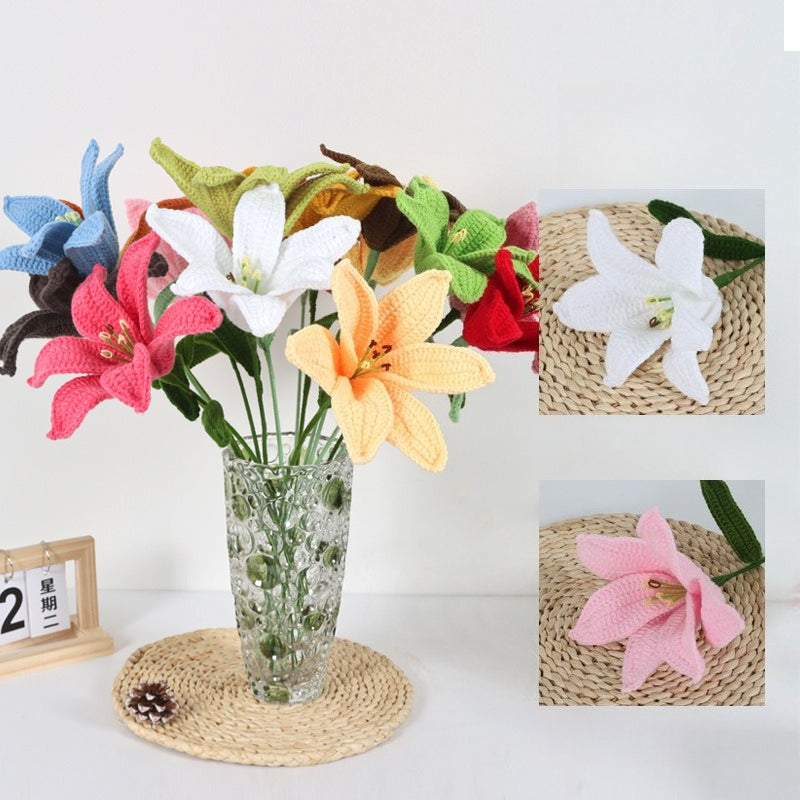 Giftwowo 1PC Lily Yarn Flower – Single Stem Crochet Faux Flower Bouquet, Perfect for Valentine's Day Favors, Handmade Yarn Flower