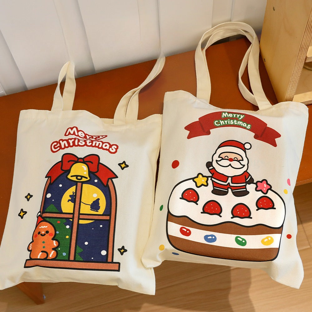Giftwowo 1PC Cartoon Santa Canvas Bag – Large Capacity Tote for Students, Christmas Gift Bag, Reusable Shoulder Bag