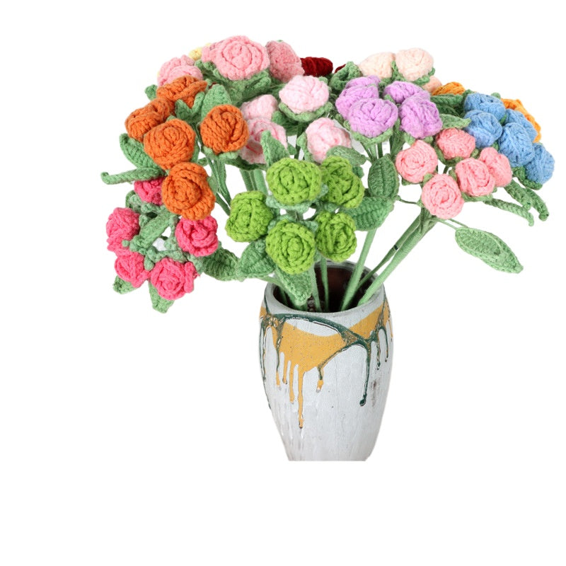 Giftwowo Handmade Multi-Head Bubble Rose Yarn Flower Bouquet - Crochet Faux Roses for Valentine's Day & Qixi Festival Gifts, Handmade Yarn Flowers