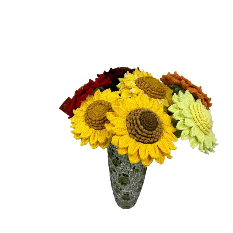 Giftwowo 1PC Handcrafted Double-Layered Sunflower with Seeds – Crochet Faux Flower Bouquet, Handmade Floral Arrangement for Tabletop Décor