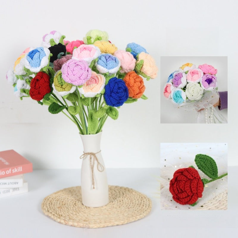 Giftwowo 1PC Finished Knitting Crochet, Rose Flowers Wedding Bridal Artificial Flowers Valentine's Day Gift Birthday Party Home Table Decor