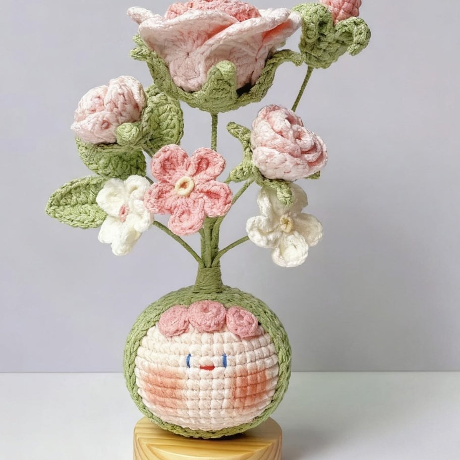 Giftwowo Finished Knitted Crochet Flower Pom-Pom Ornament, Handmade Unique Gift for Valentine's Day and Teacher's Day