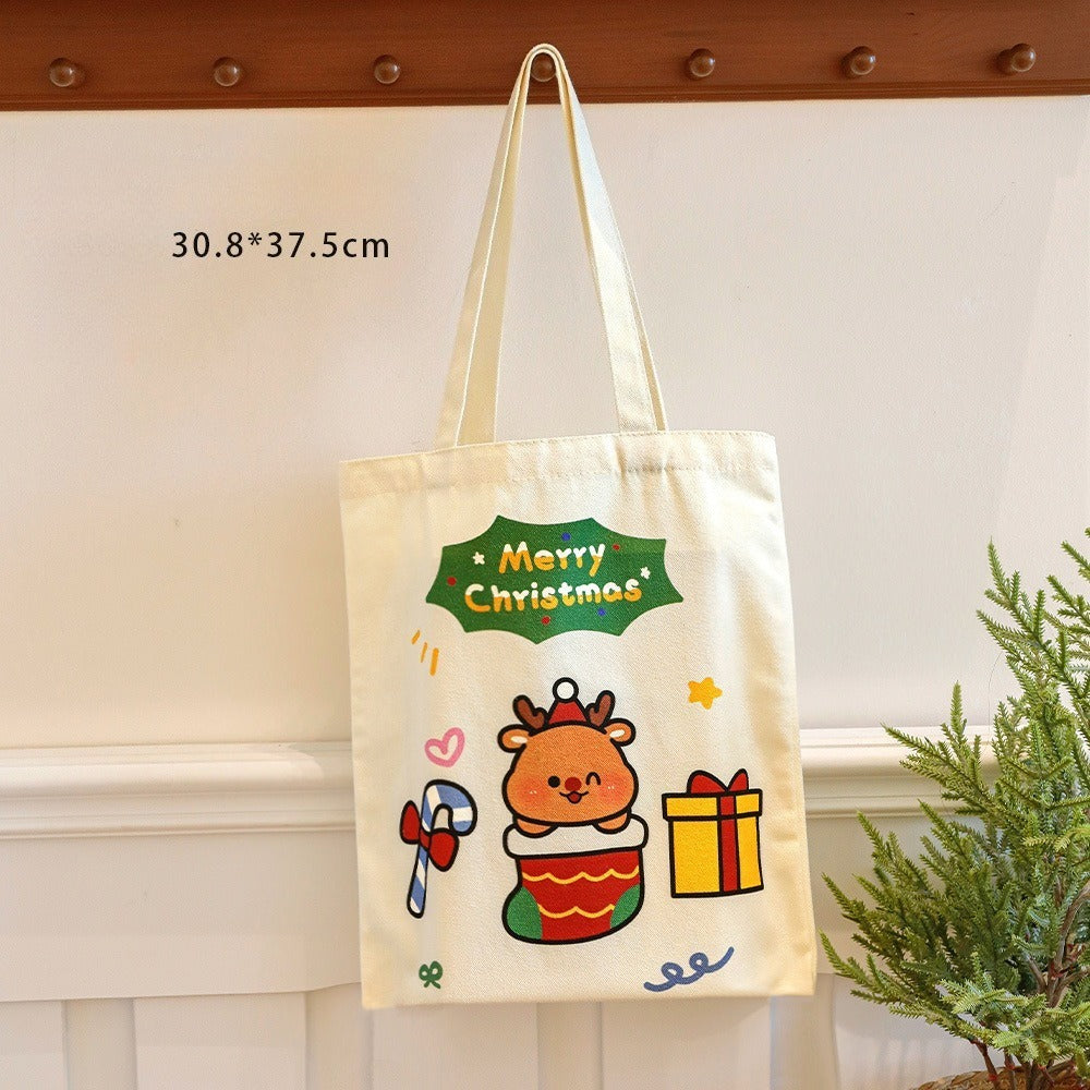 Giftwowo 1PC Cartoon Santa Canvas Bag – Large Capacity Tote for Students, Christmas Gift Bag, Reusable Shoulder Bag