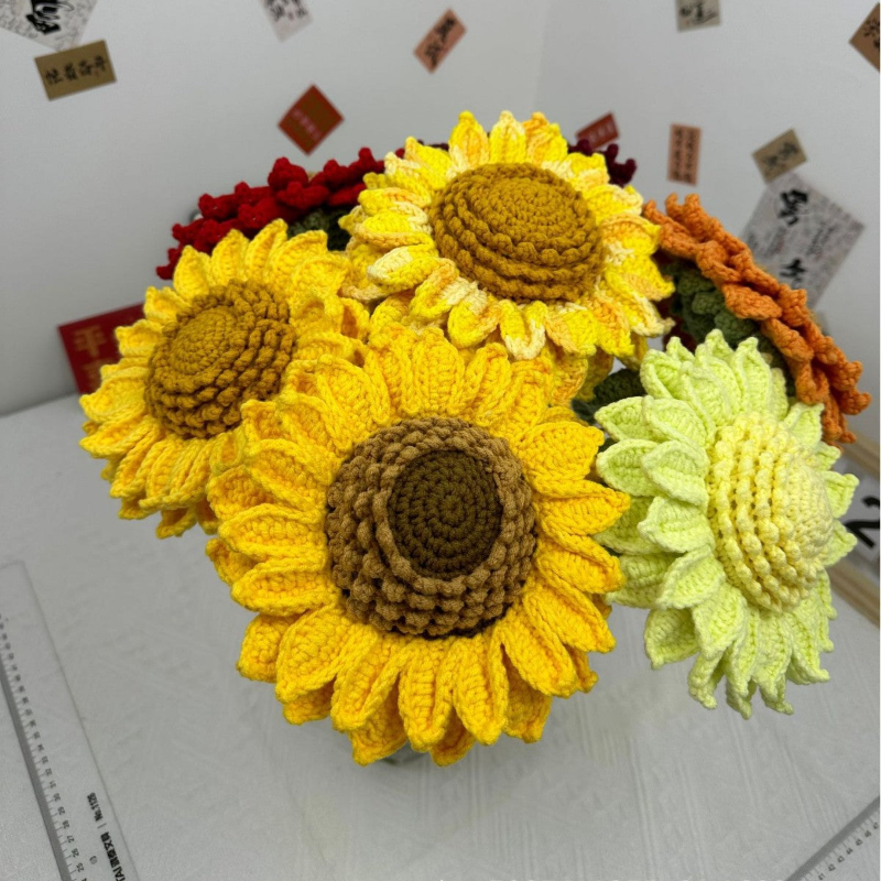 Giftwowo 1PC Handcrafted Double-Layered Sunflower with Seeds – Crochet Faux Flower Bouquet, Handmade Floral Arrangement for Tabletop Décor