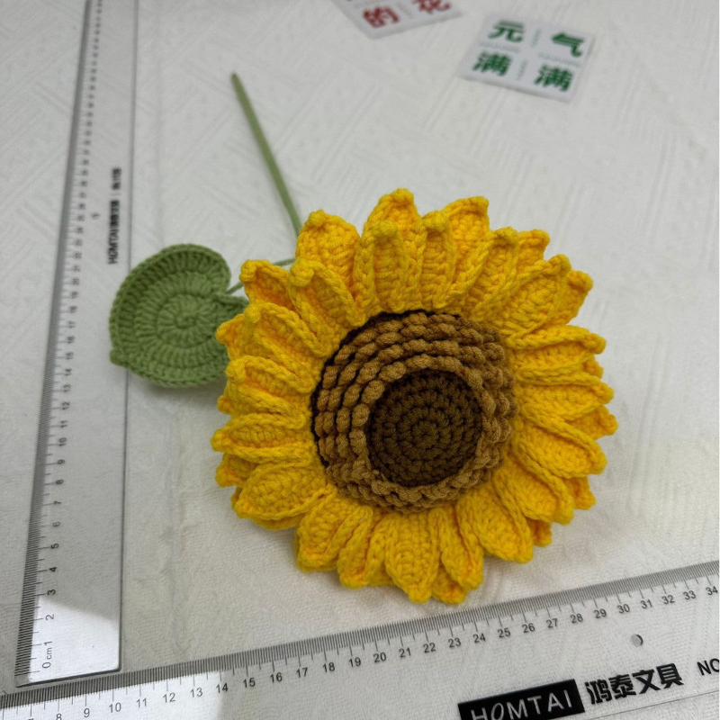 Giftwowo 1PC Handcrafted Double-Layered Sunflower with Seeds – Crochet Faux Flower Bouquet, Handmade Floral Arrangement for Tabletop Décor