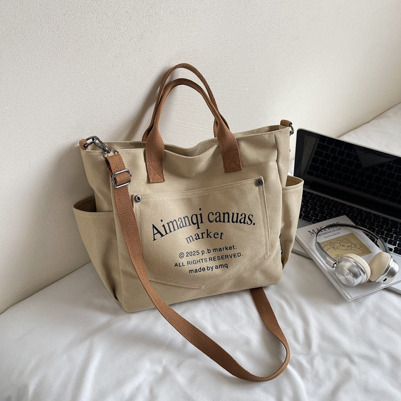 Giftwowo 1PC Large Capacity Letter Tote Bag, Pure Color Stylish Handheld Canvas Bag, Fashionable Simple Shoulder Handbag