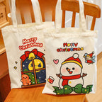 Giftwowo 1PC Cartoon Santa Canvas Bag – Large Capacity Tote for Students, Christmas Gift Bag, Reusable Shoulder Bag