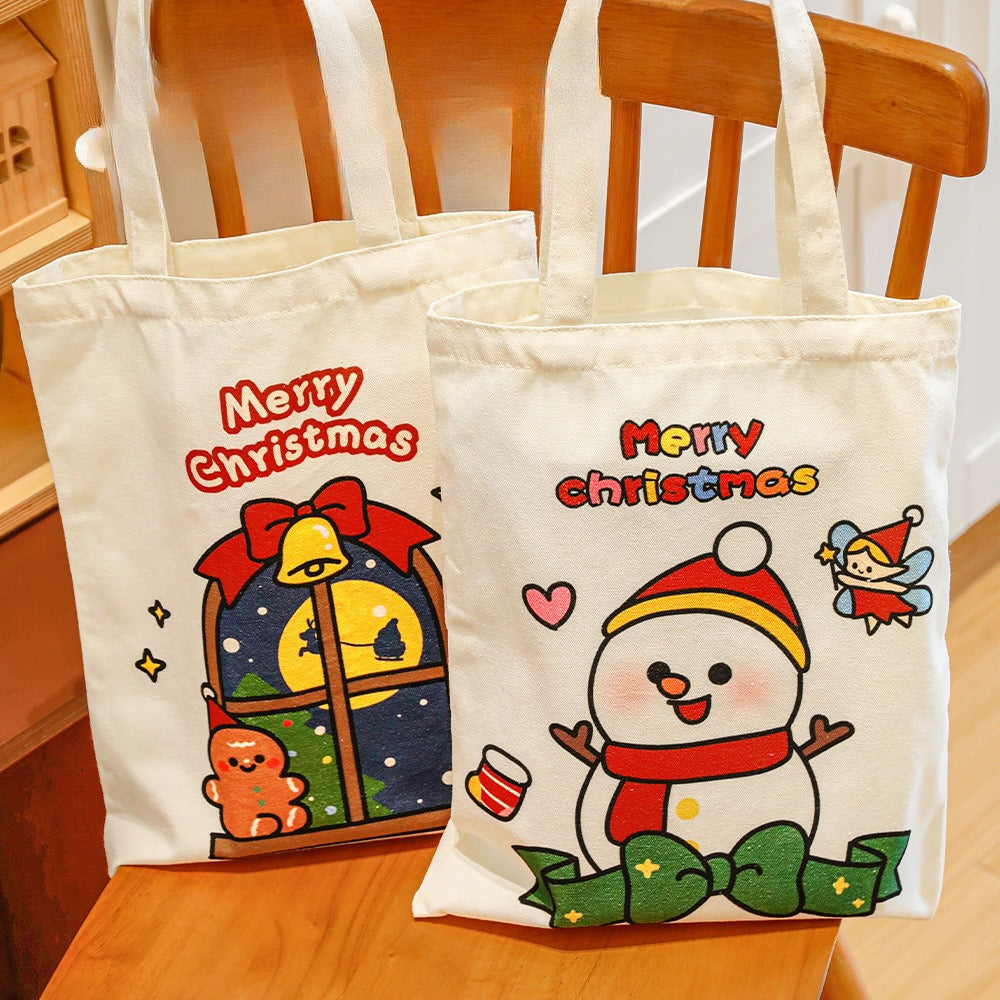 Giftwowo 1PC Cartoon Santa Canvas Bag – Large Capacity Tote for Students, Christmas Gift Bag, Reusable Shoulder Bag