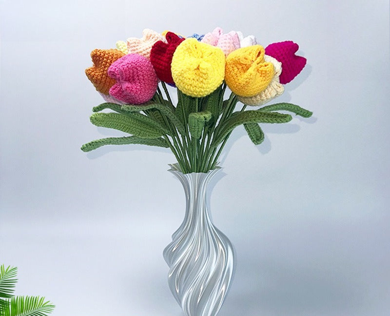Giftwowo 1PC Chubby Tulip Yarn Flowers – Handcrafted Crochet Tulip Bouquet, Ready-to-Display Handmade Gift, Yarn Flower Arrangement