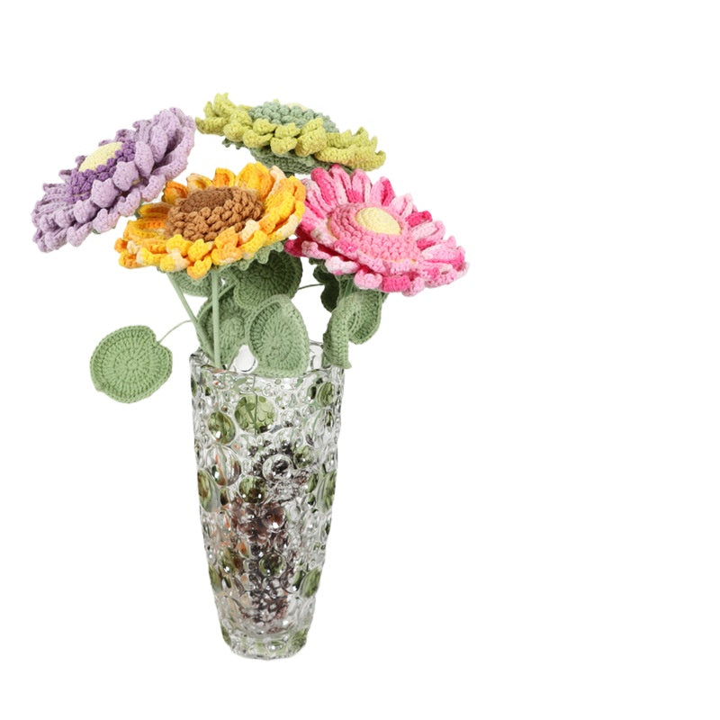 Giftwowo Handmade Single-Layer Sunflower Bouquet - Light Green Yarn Sunflower, Perfect Gift for Any Occasion