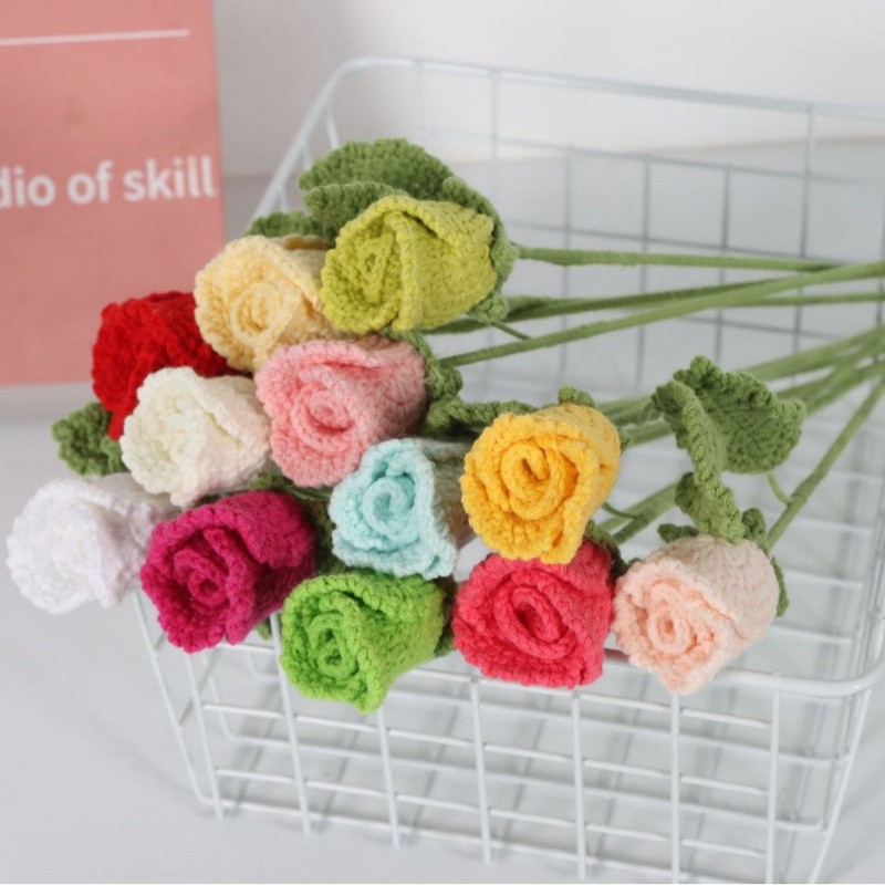 Giftwowo 1PC Handcrafted Yarn Flower Bouquet – Ready-to-Display Faux Eustoma Flowers, Crochet Floral Arrangement for Home Décor, Birthday Gift