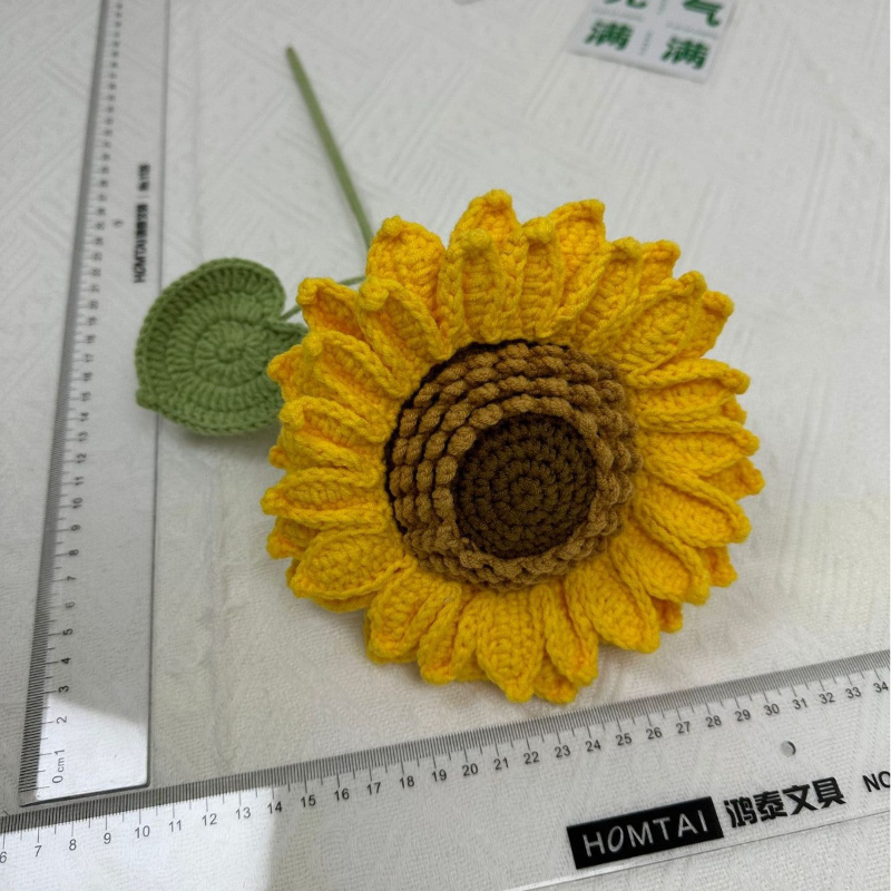 Giftwowo 1PC Handcrafted Double-Layered Sunflower with Seeds – Crochet Faux Flower Bouquet, Handmade Floral Arrangement for Tabletop Décor