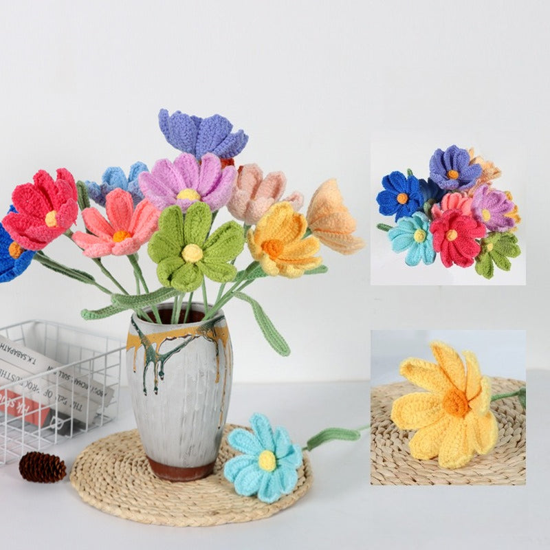 Giftwowo 1PC Handcrafted Cosmos Flower Bouquet – Yarn-Woven Flower Arrangement, Creative Gift & Home Décor, Ready-to-Display Yarn Cosmos