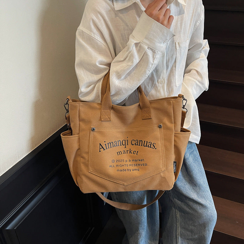 Giftwowo 1PC Large Capacity Letter Tote Bag, Pure Color Stylish Handheld Canvas Bag, Fashionable Simple Shoulder Handbag