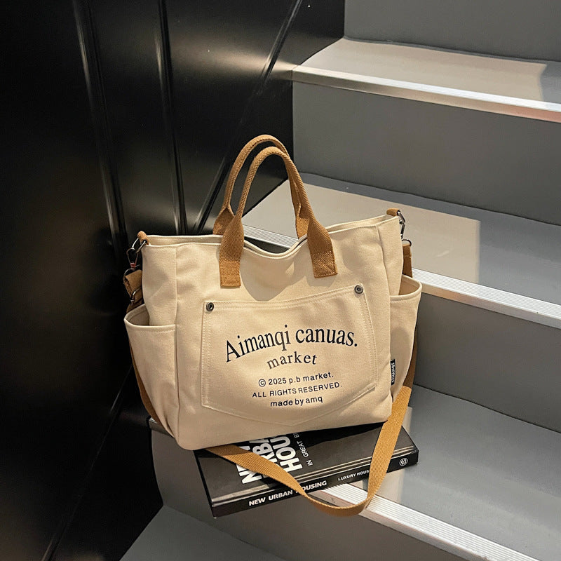 Giftwowo 1PC Large Capacity Letter Tote Bag, Pure Color Stylish Handheld Canvas Bag, Fashionable Simple Shoulder Handbag