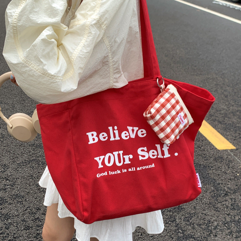 Giftwowo 1PC Red Shoulder Bag Casual Korean Canvas Tote Bag Wommen Shopping Bag Large Capacity College Style