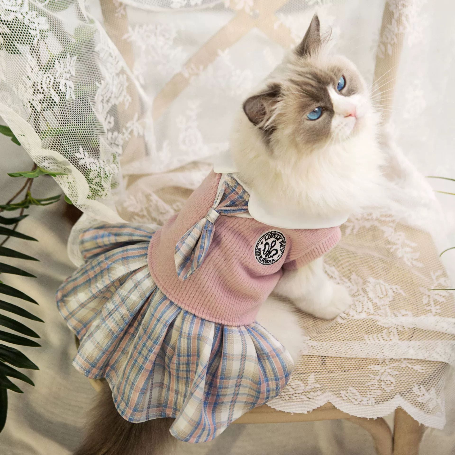 Giftwowo Dog and Cat Clothes, Knitted JK Plaid Dress for Small Pets, Spring and Autumn Comfortable Pet Apparel