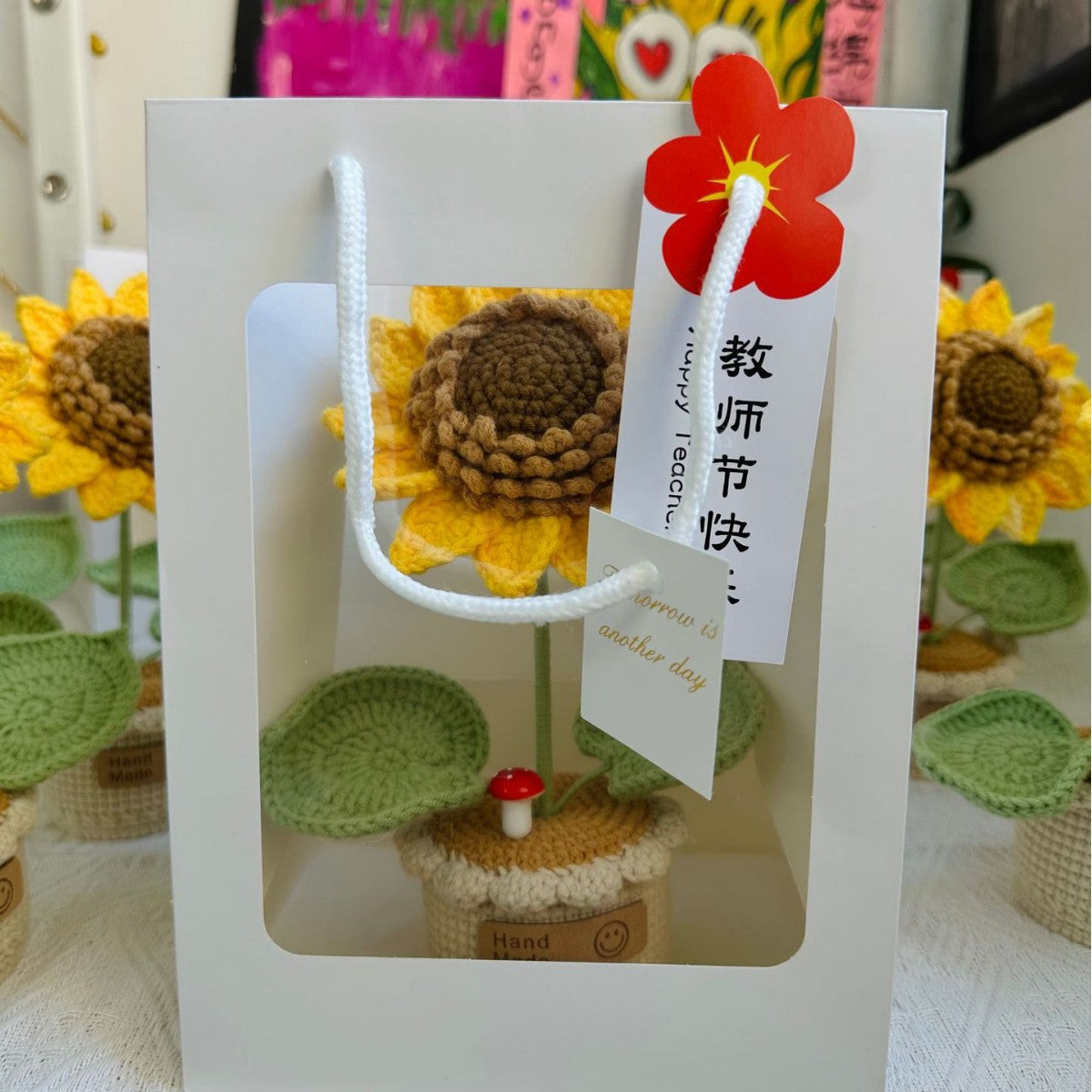 Giftwowo Handmade Yarn Flower Bouquet Dumpling Decoration – Finished DIY Crochet Gift for Teachers, Holiday Gift Idea