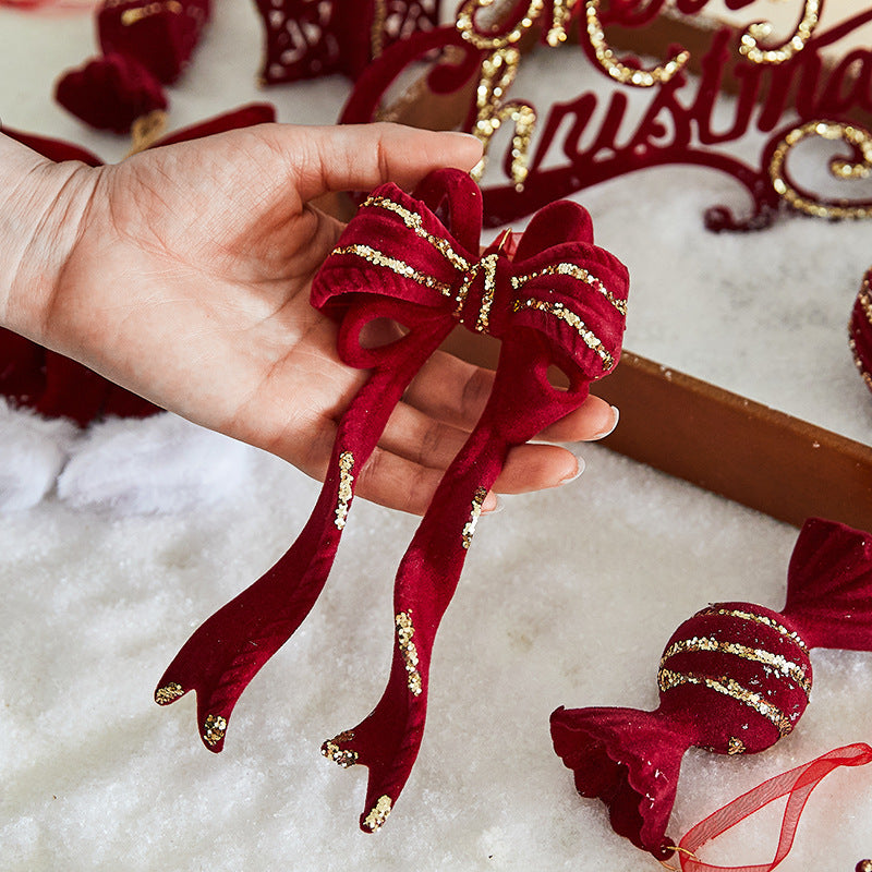 Giftwowo 1PC Wine Red Velvet Christmas Tree Pendant Xmas Tree Holiday Decor Garland Bow Pendant Christmas Festival Gift