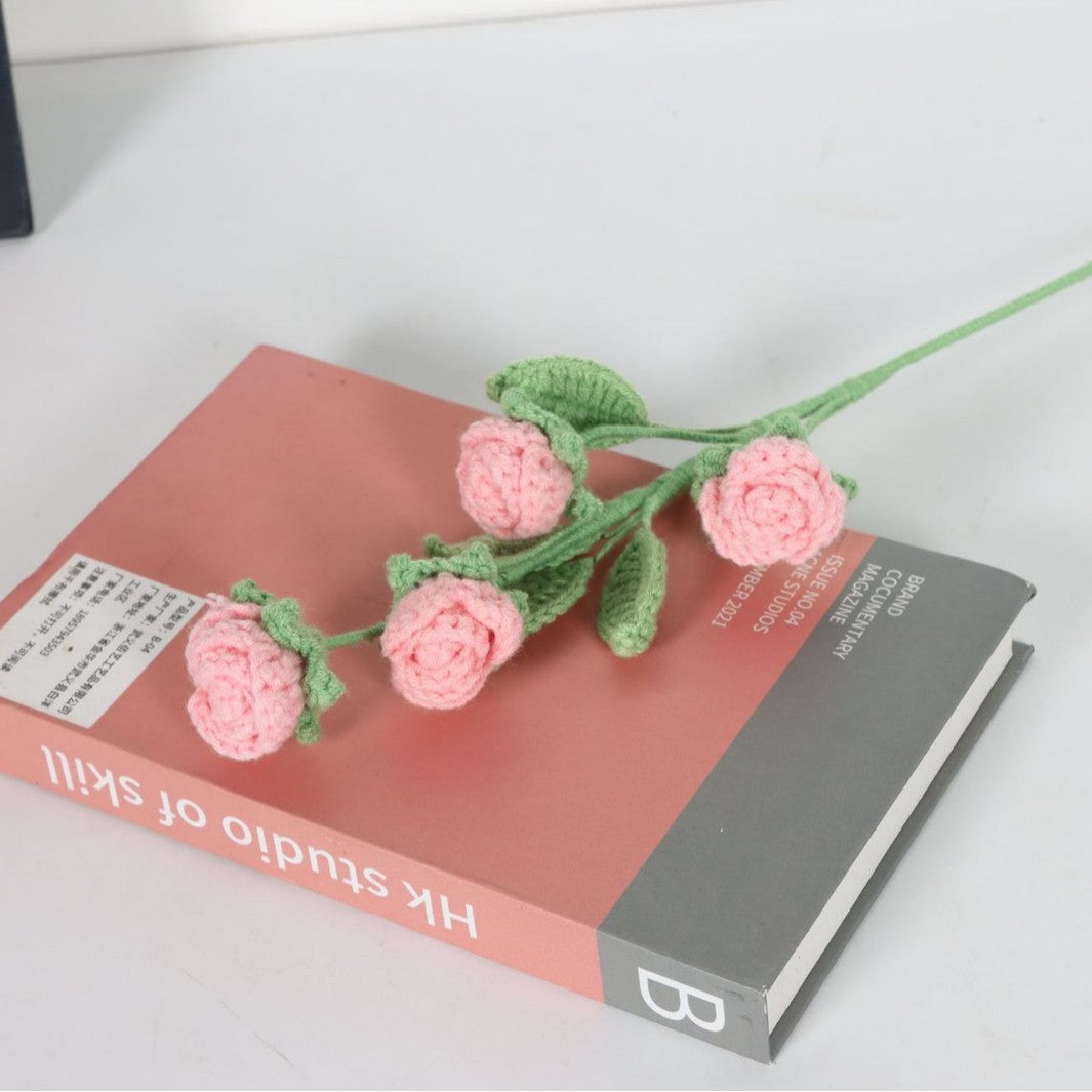 Giftwowo Handmade Multi-Head Bubble Rose Yarn Flower Bouquet - Crochet Faux Roses for Valentine's Day & Qixi Festival Gifts, Handmade Yarn Flowers