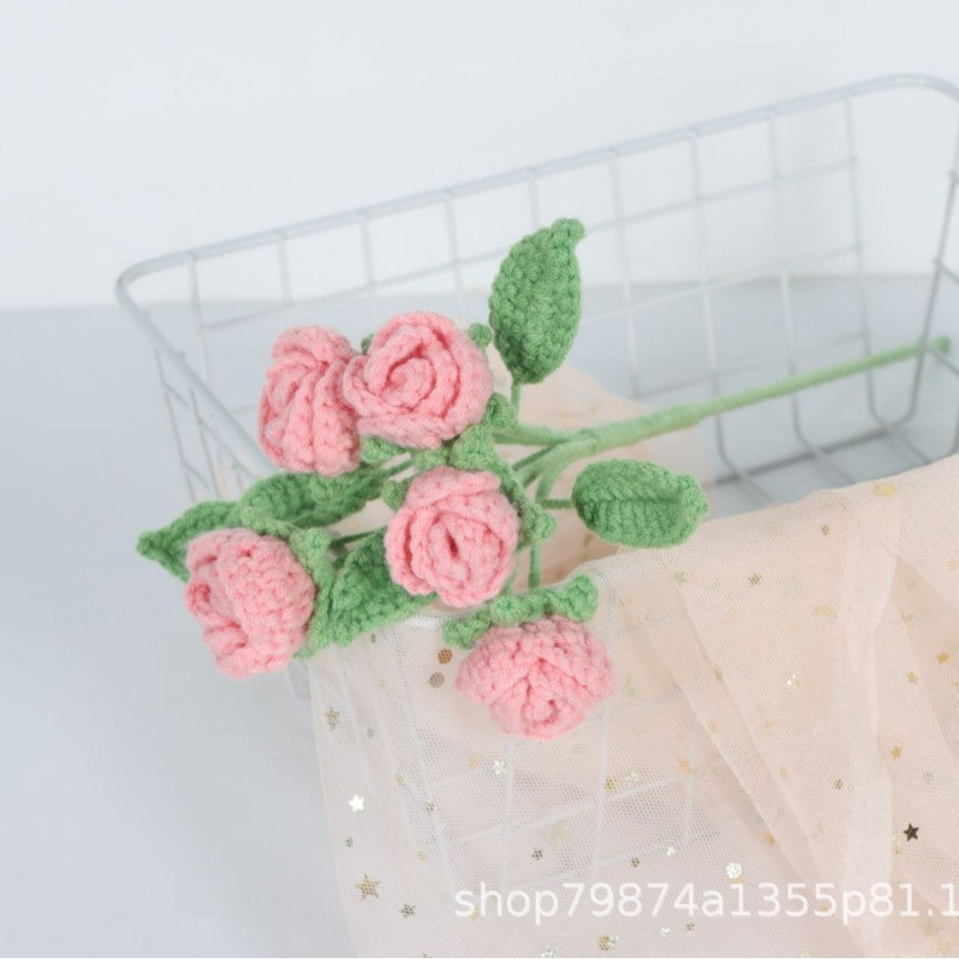 Giftwowo Handmade Multi-Head Bubble Rose Yarn Flower Bouquet - Crochet Faux Roses for Valentine's Day & Qixi Festival Gifts, Handmade Yarn Flowers