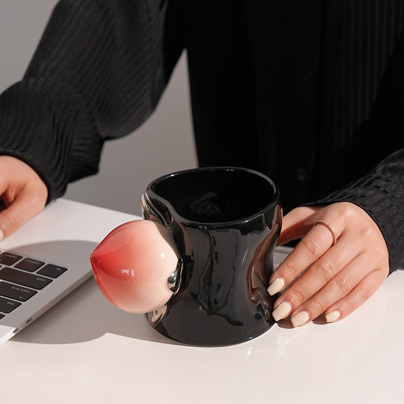 Giftwowo Creative Peach Shaped Handle Mug, Korean INS Cute Heart-shaped Cup Mouth Ceramic Coffee Cup, Modern Household Water Cup