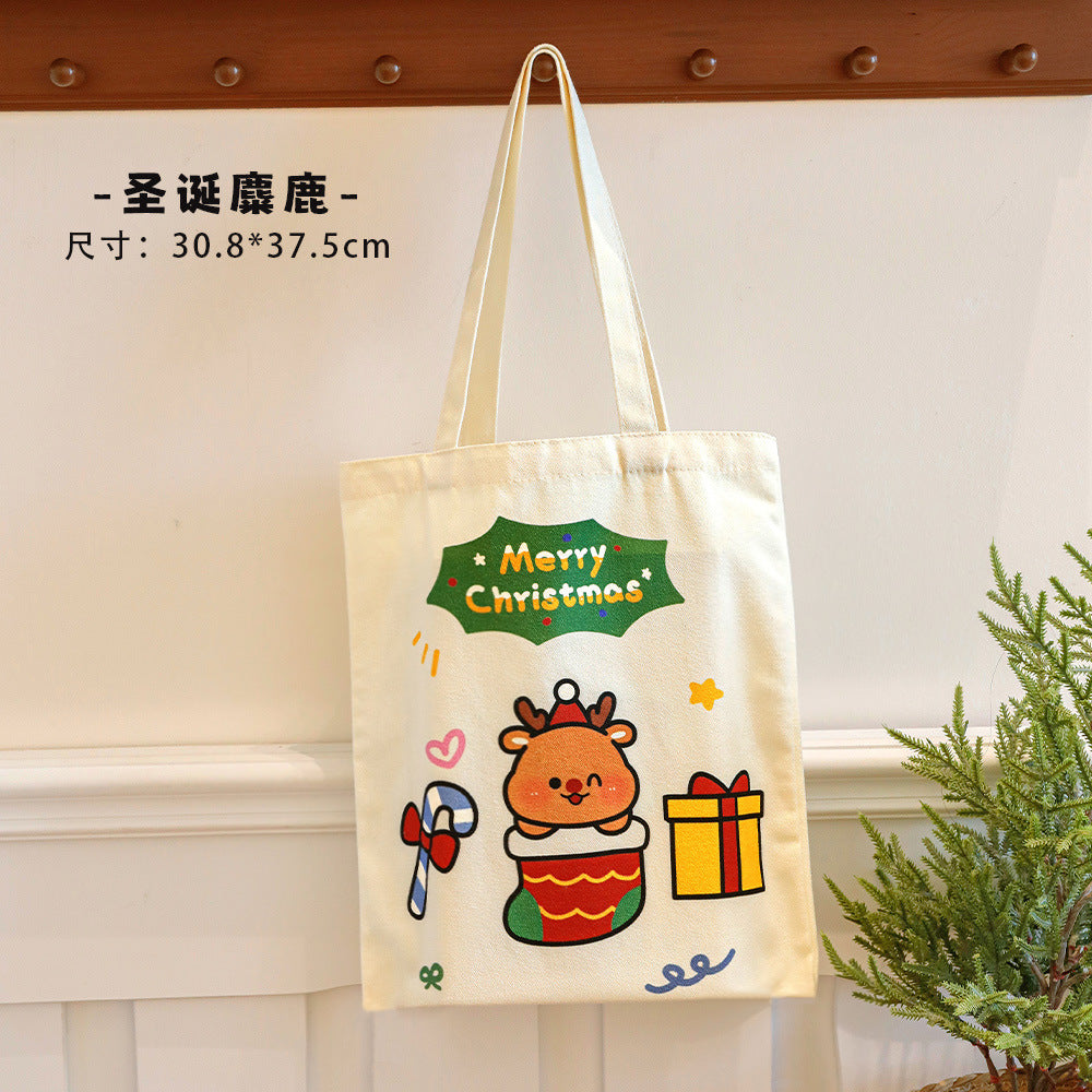 Giftwowo 1PC Cartoon Santa Canvas Bag – Large Capacity Tote for Students, Christmas Gift Bag, Reusable Shoulder Bag