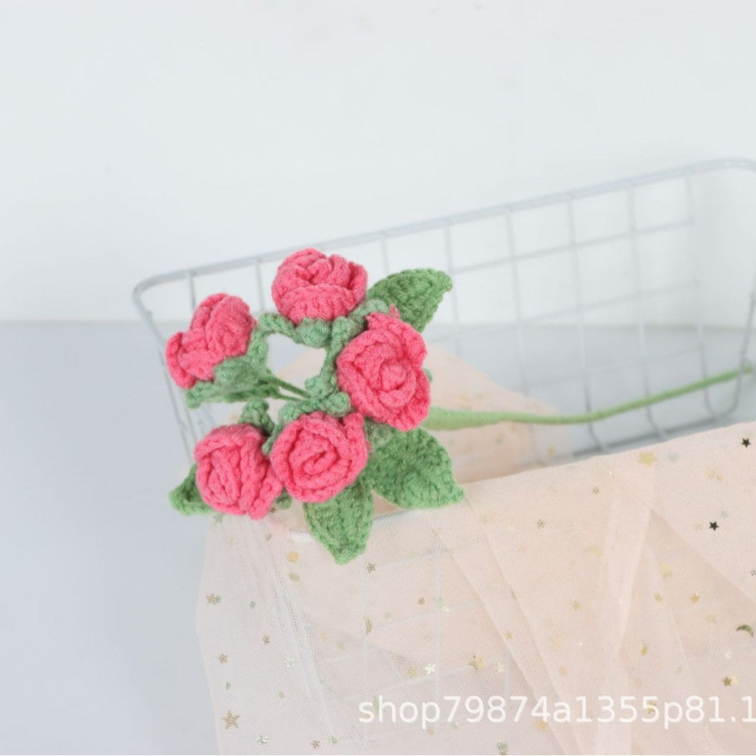 Giftwowo Handmade Multi-Head Bubble Rose Yarn Flower Bouquet - Crochet Faux Roses for Valentine's Day & Qixi Festival Gifts, Handmade Yarn Flowers