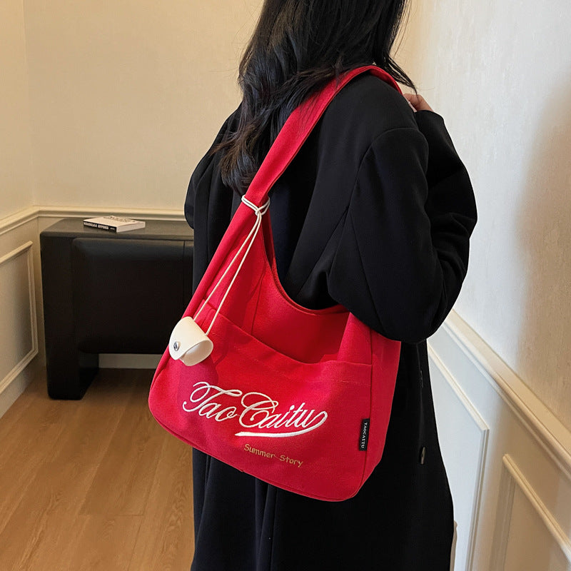 Giftwowo 1PC Red Girls Shoulder Bag Casual Canvas Tote Bag Wommen Shopping Bag Large Capacity College Style