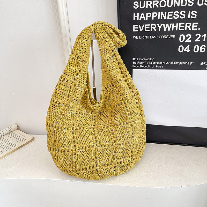 Giftwowo 1PC Forest Style Versatile Knit Shoulder Bag, Thickened Beach Vacation Tote, Woven Net Design, Large Capacity Handbag for Sand and Sea