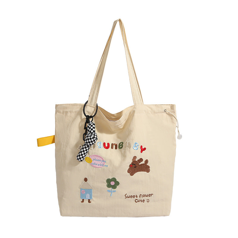 Giftwowo 1PC GIFTWOWO Embroidered Cartoon Canvas Bag, Cute and Large Capacity Tote, College Style Artsy & Versatile, Ideal for Students and School Use