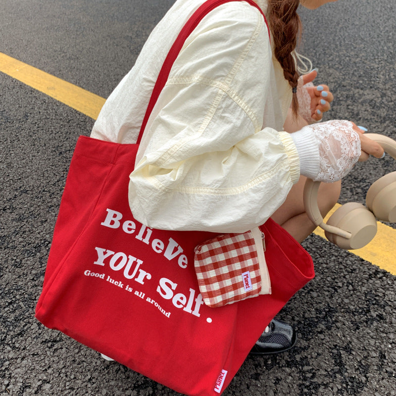 Giftwowo 1PC Red Shoulder Bag Casual Korean Canvas Tote Bag Wommen Shopping Bag Large Capacity College Style