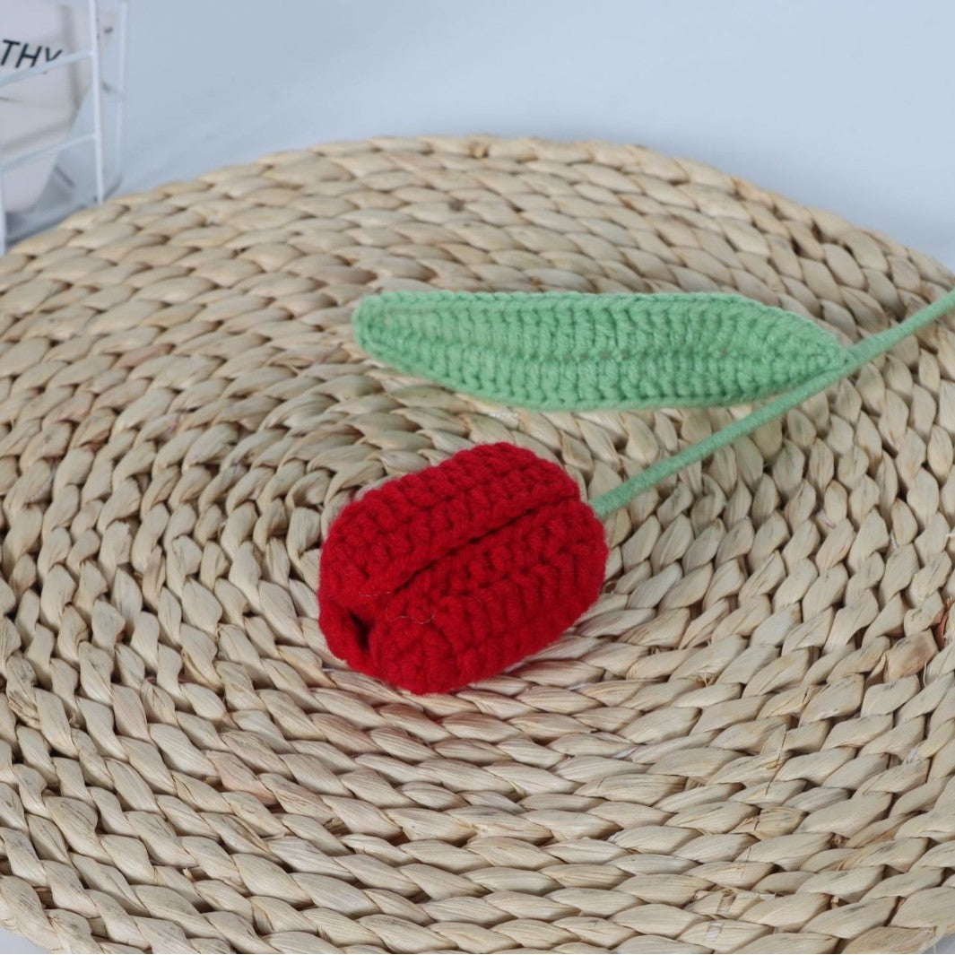 Giftwowo Handmade Crochet Yarn Tulip - Artificial Everlasting Flower, Open & Closed Blooming Yarn Tulips
