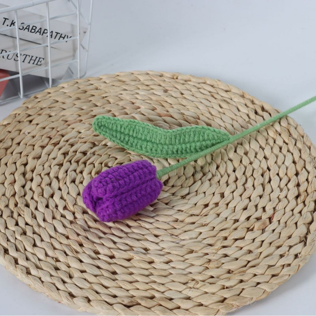 Giftwowo Handmade Crochet Yarn Tulip - Artificial Everlasting Flower, Open & Closed Blooming Yarn Tulips