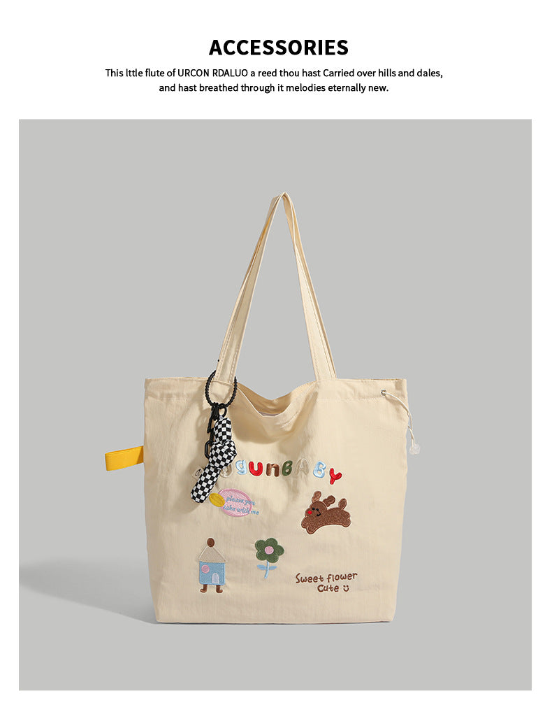 Giftwowo 1PC GIFTWOWO Embroidered Cartoon Canvas Bag, Cute and Large Capacity Tote, College Style Artsy & Versatile, Ideal for Students and School Use