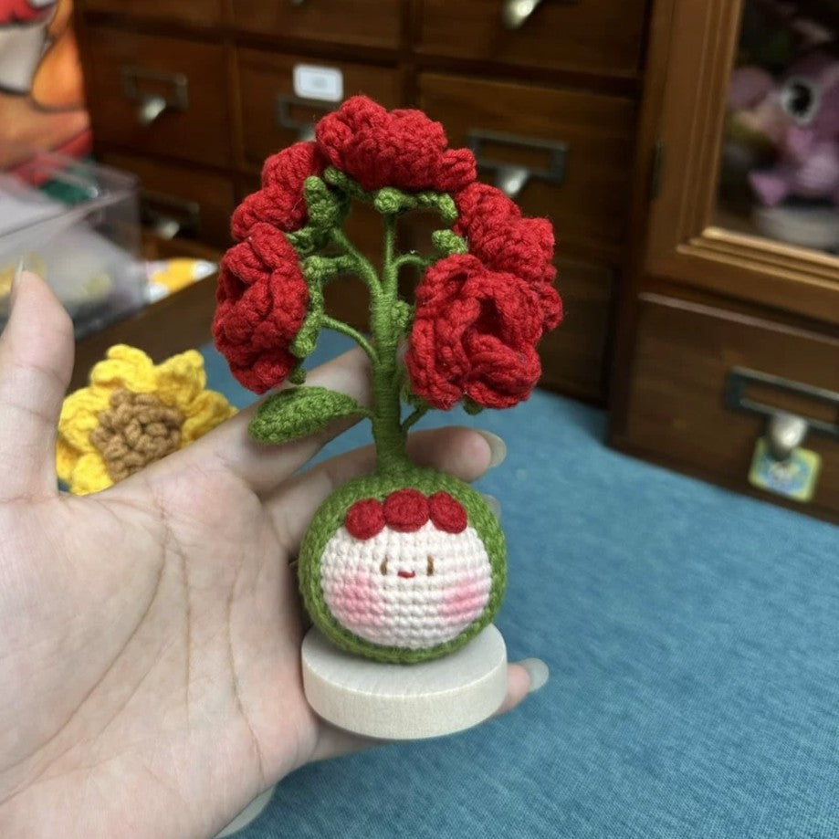 Giftwowo Knitted Flower Bouquet Pom-Pom Ornament, Handmade Yarn Crochet Doll, Cute and Unique Gift