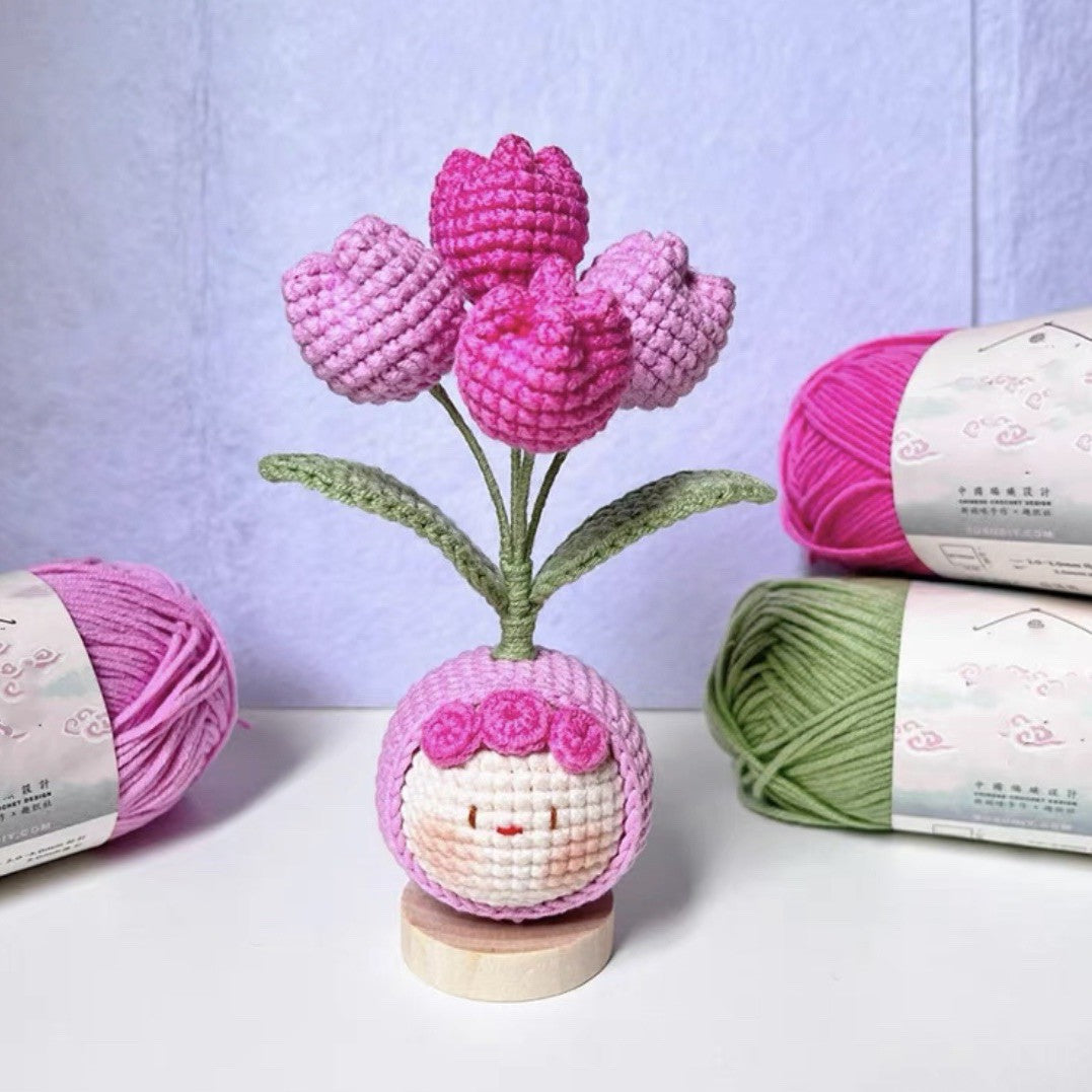 Giftwowo Knitted Flower Bouquet Pom-Pom Ornament, Handmade Yarn Crochet Doll, Cute and Unique Gift