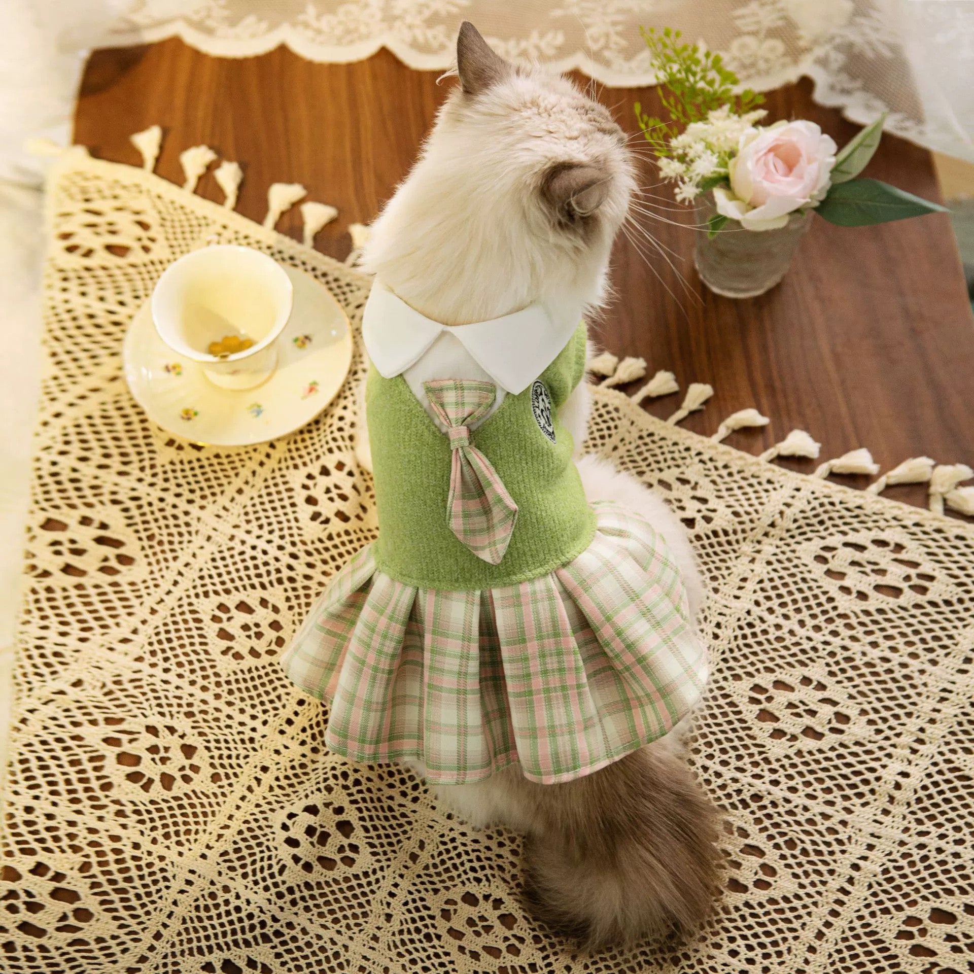 Giftwowo Dog and Cat Clothes, Knitted JK Plaid Dress for Small Pets, Spring and Autumn Comfortable Pet Apparel