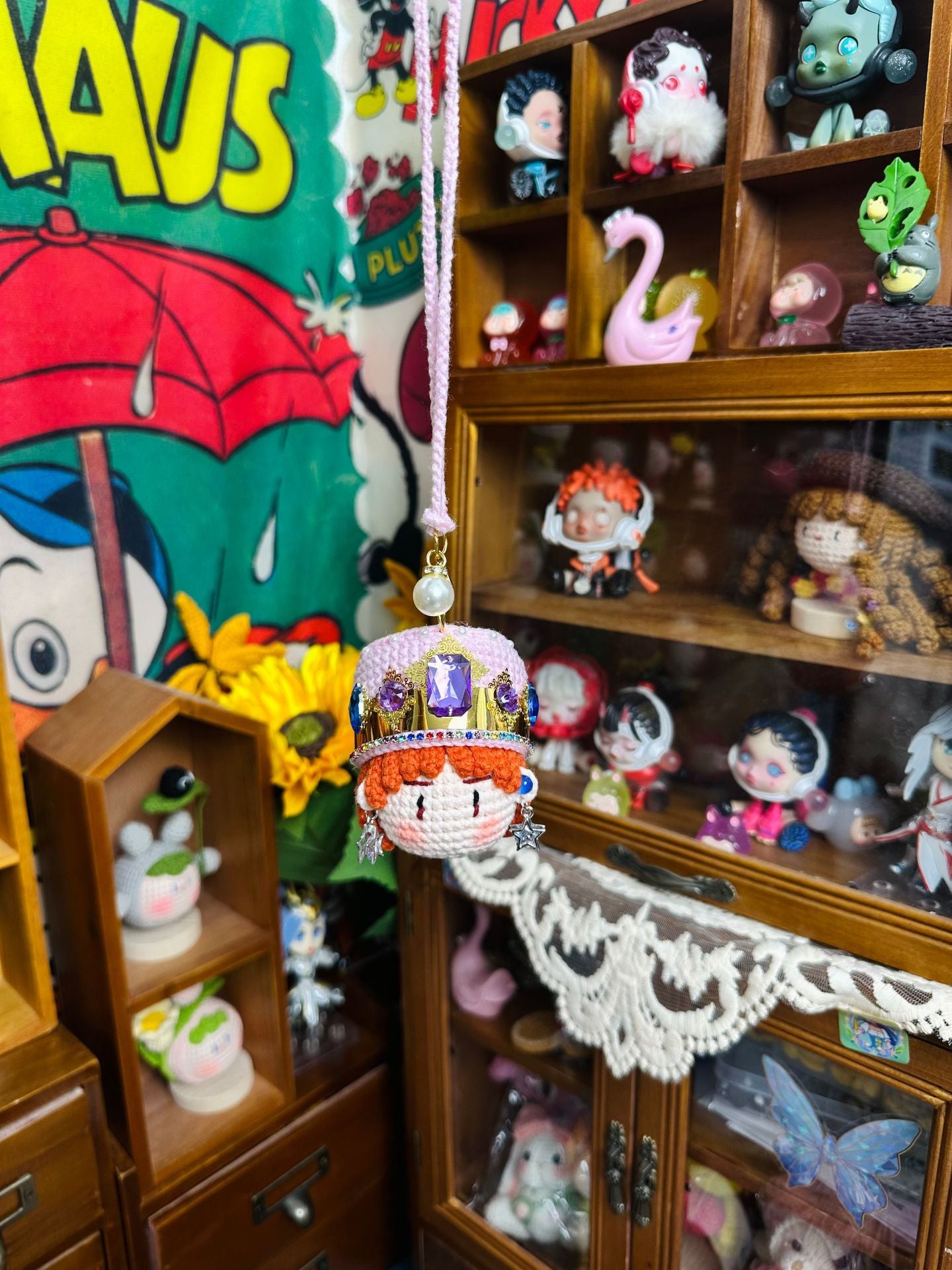 Giftwowo 1pc Handmade Crochet Yarn Doll, Ram's Horn Dragon Pom-Pom, Celebrity Idol Merchandise Keychain Accessory, Trendy Collectible