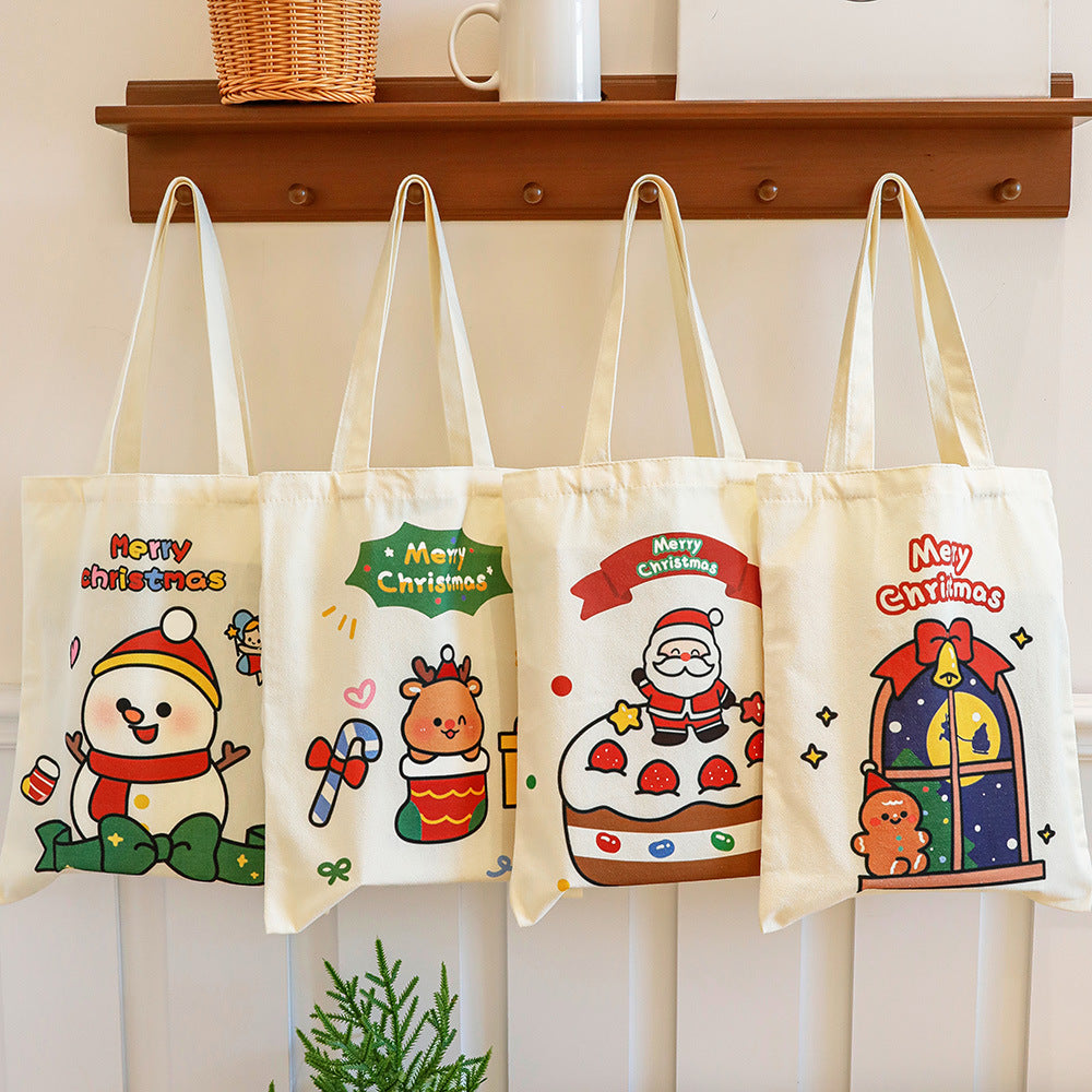 Giftwowo 1PC Cartoon Santa Canvas Bag – Large Capacity Tote for Students, Christmas Gift Bag, Reusable Shoulder Bag