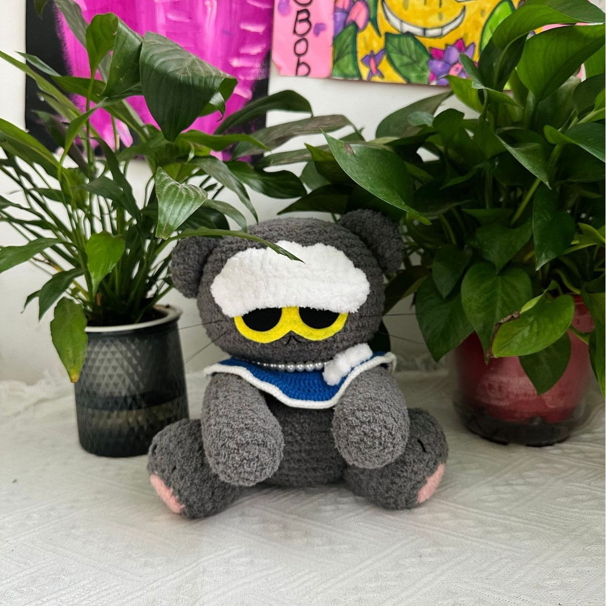 Giftwowo Handmade Yarn Crochet GD Zoa Doll Keychain, Cute Plush Gray Cat Pendant, Adorable Bag Charm