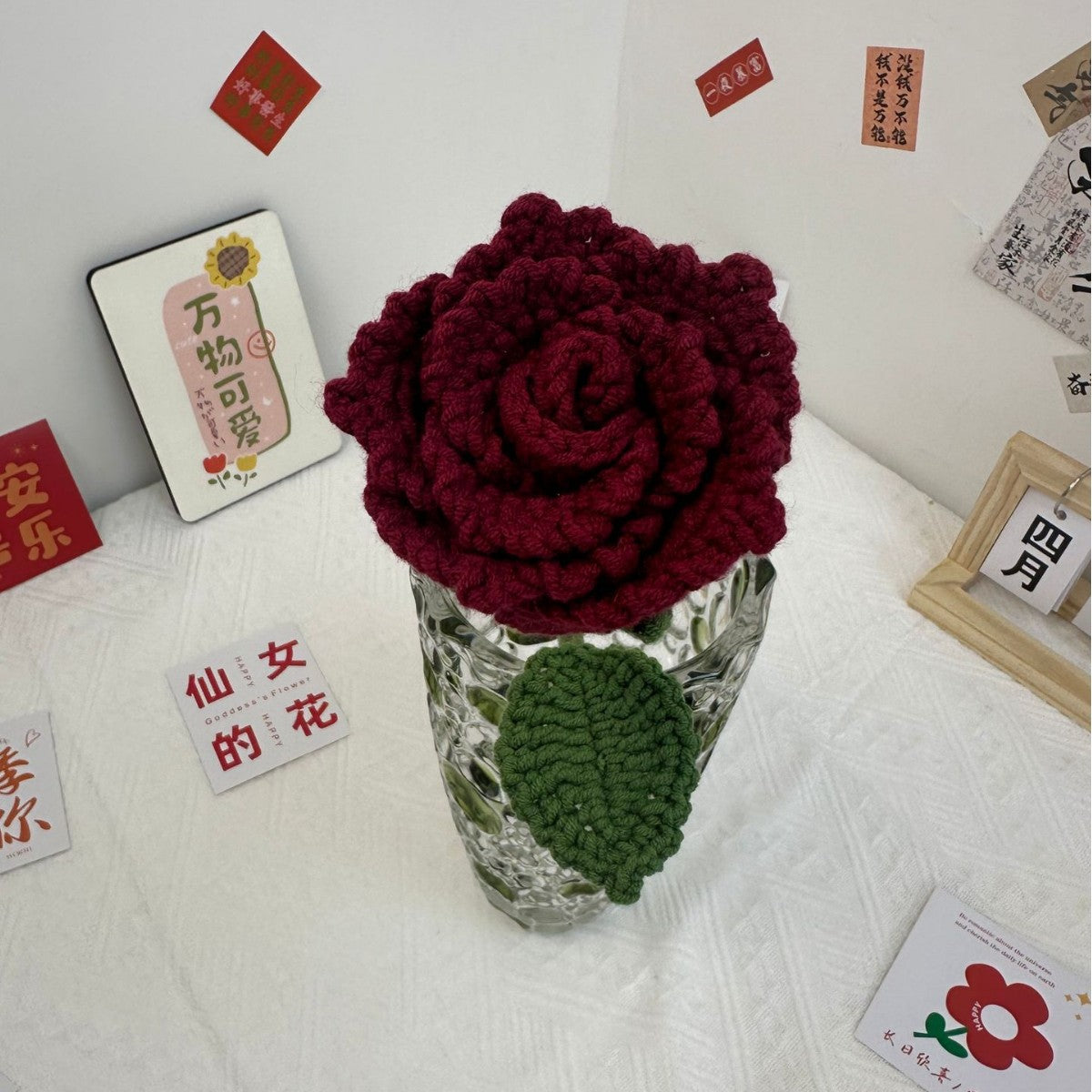 Giftwowo 1PC Hibiscus Handcrafted Yarn Flowers – Ready-to-Display Crochet Bouquet, DIY Handmade Mother's Day Gift