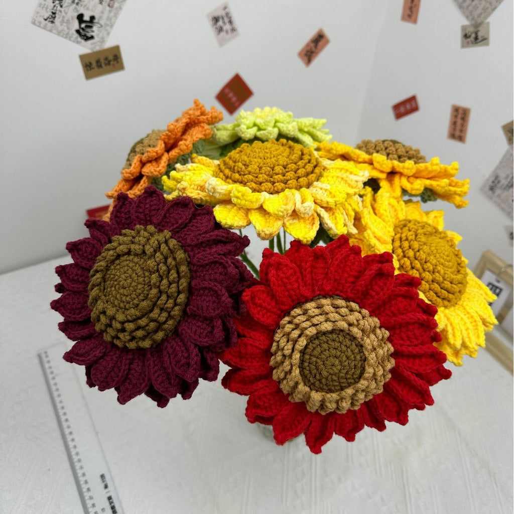 Giftwowo 1PC Handcrafted Double-Layered Sunflower with Seeds – Crochet Faux Flower Bouquet, Handmade Floral Arrangement for Tabletop Décor