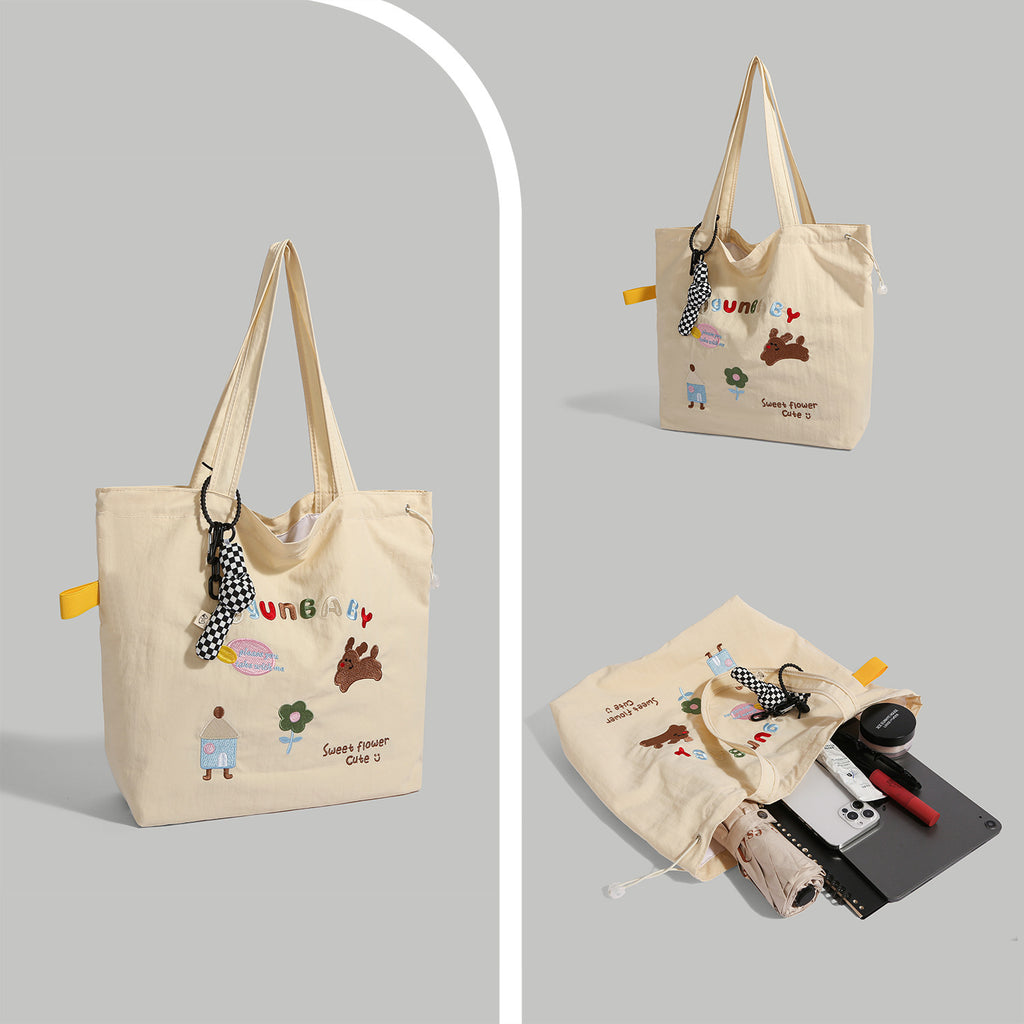 Giftwowo 1PC GIFTWOWO Embroidered Cartoon Canvas Bag, Cute and Large Capacity Tote, College Style Artsy & Versatile, Ideal for Students and School Use